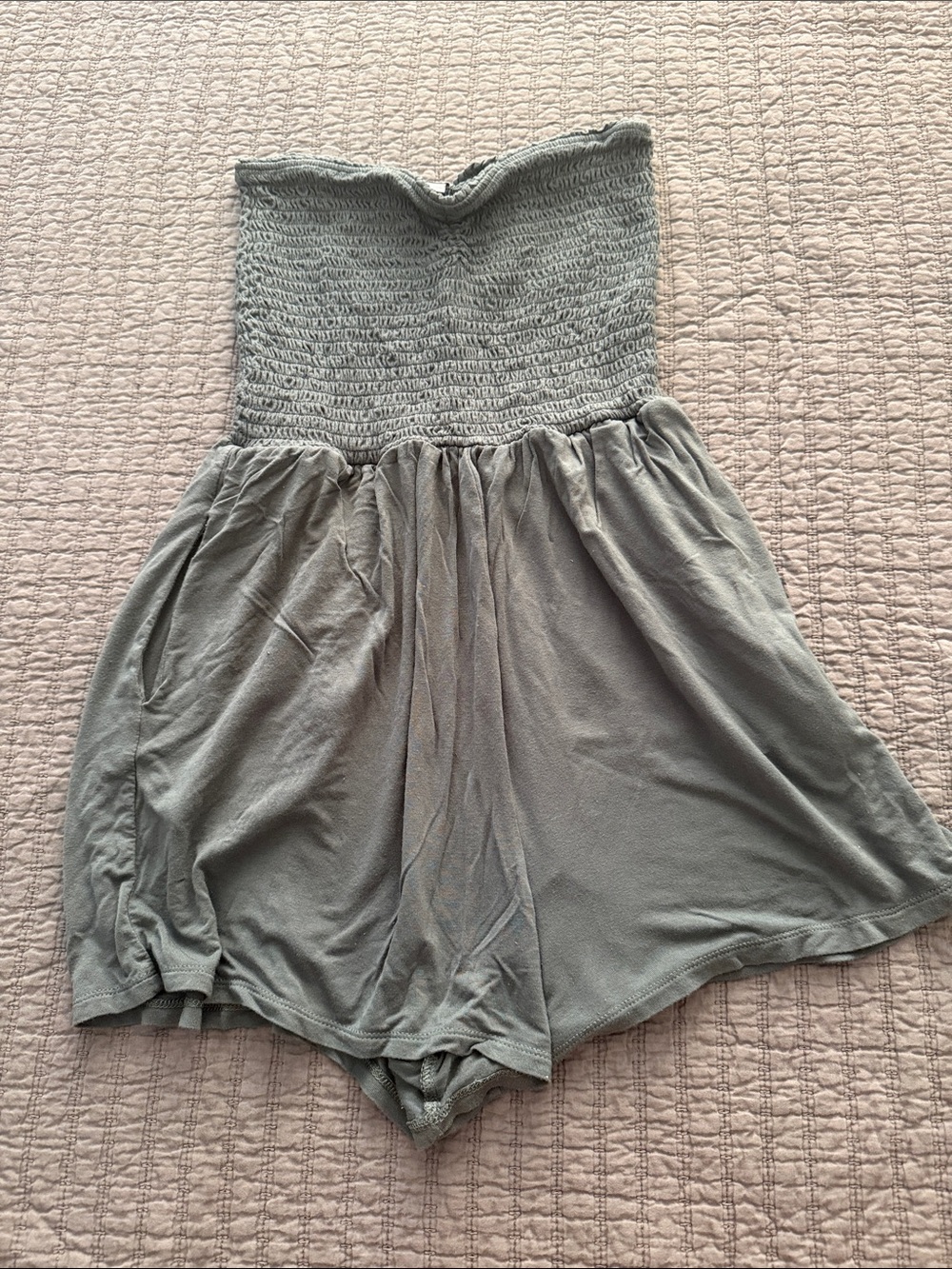 aerie Smocked Strapless Romper in Sage Green